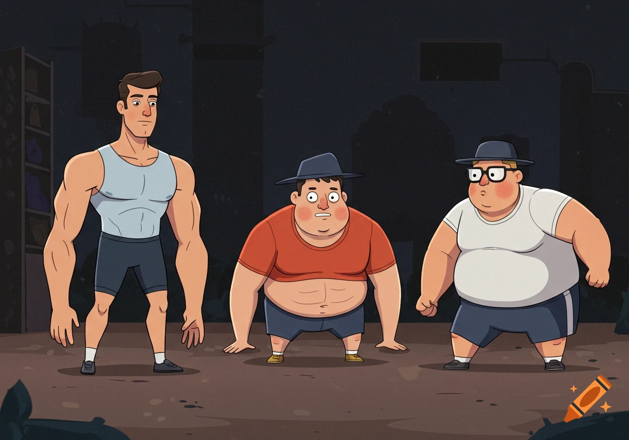 Cartoon men exercising, one muscular, two overweight, in a dark room.