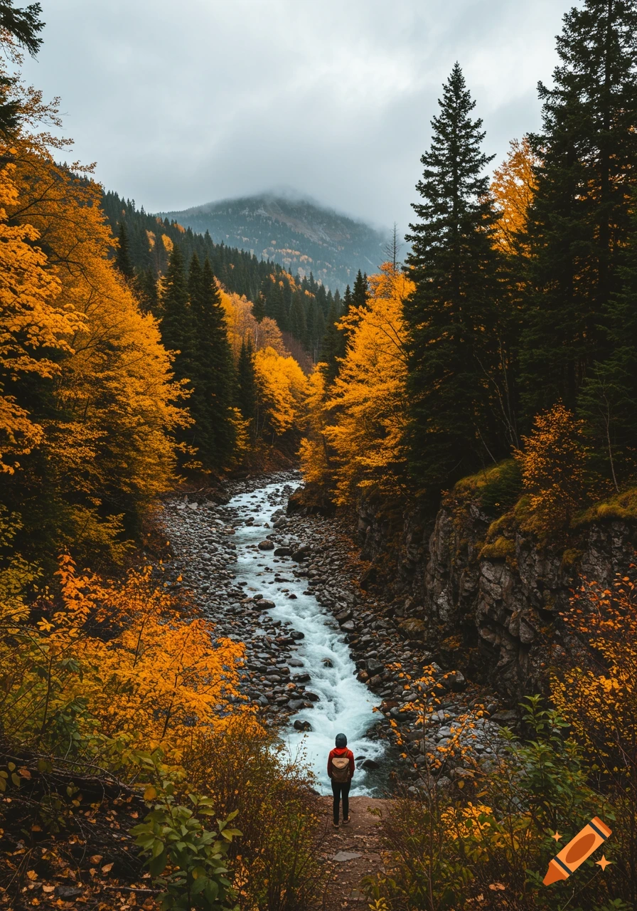A person stands on a path overlooking a river flowing through a forest with vibrant yellow and orange autumn leaves.