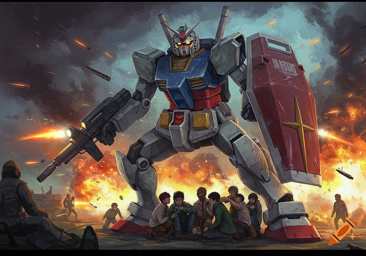 Large anime mecha robot with a shield protecting civilians during a battle with explosions and gunfire.