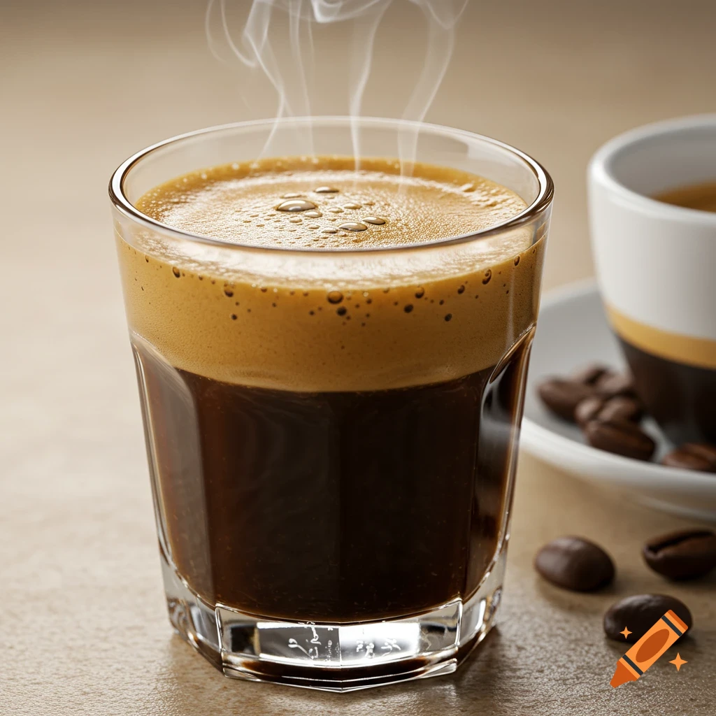 Close-up of a glass of espresso with crema and steam, coffee beans nearby.