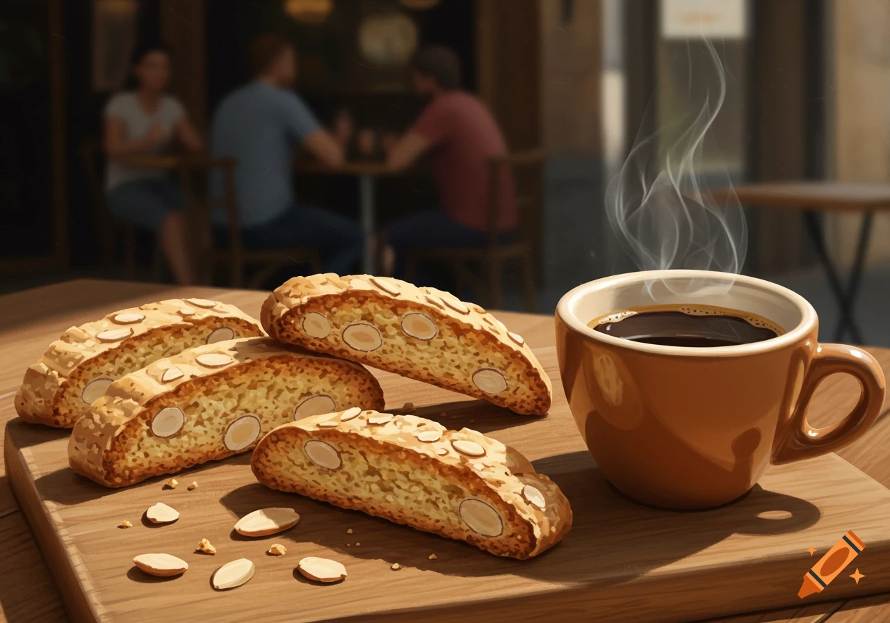 Several almond biscotti pieces and a steaming cup of espresso on a wooden board in a cafe setting.