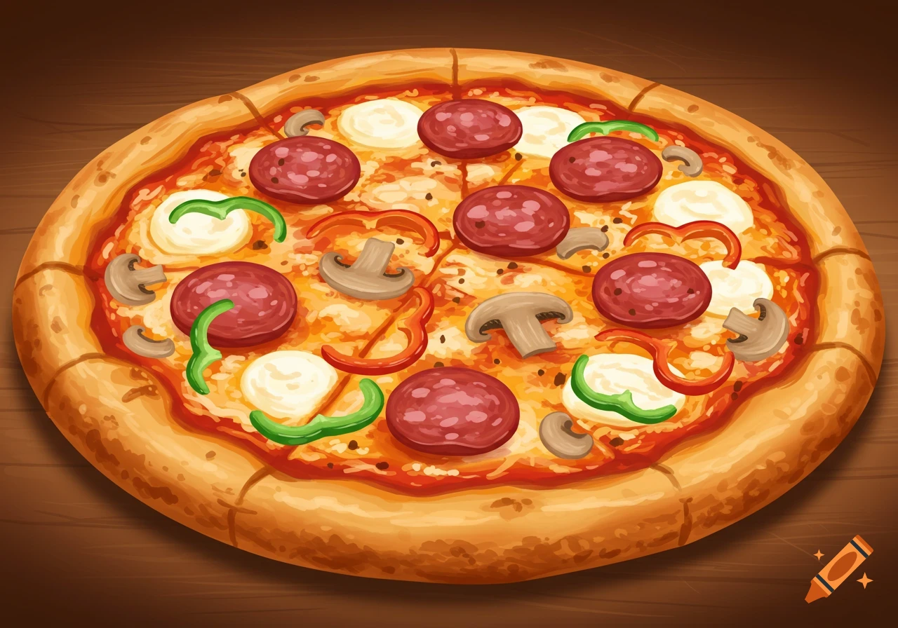 Stylized illustration of a pizza with pepperoni, mushrooms, peppers, and mozzarella.