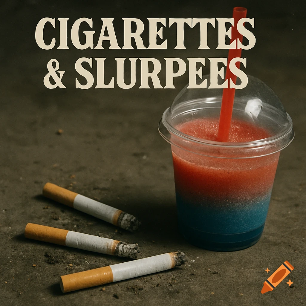 Realistic image of three half-smoked cigarettes and a partially drunk red and blue slurpee cup, with the text 'CIGARETTES & SLURPEES' at the top.