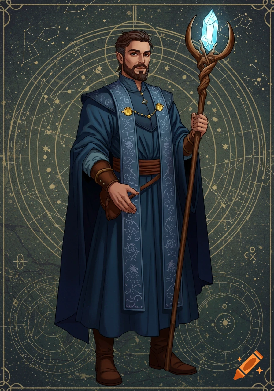 Male fantasy character in blue robes with crystal staff before celestial chart.