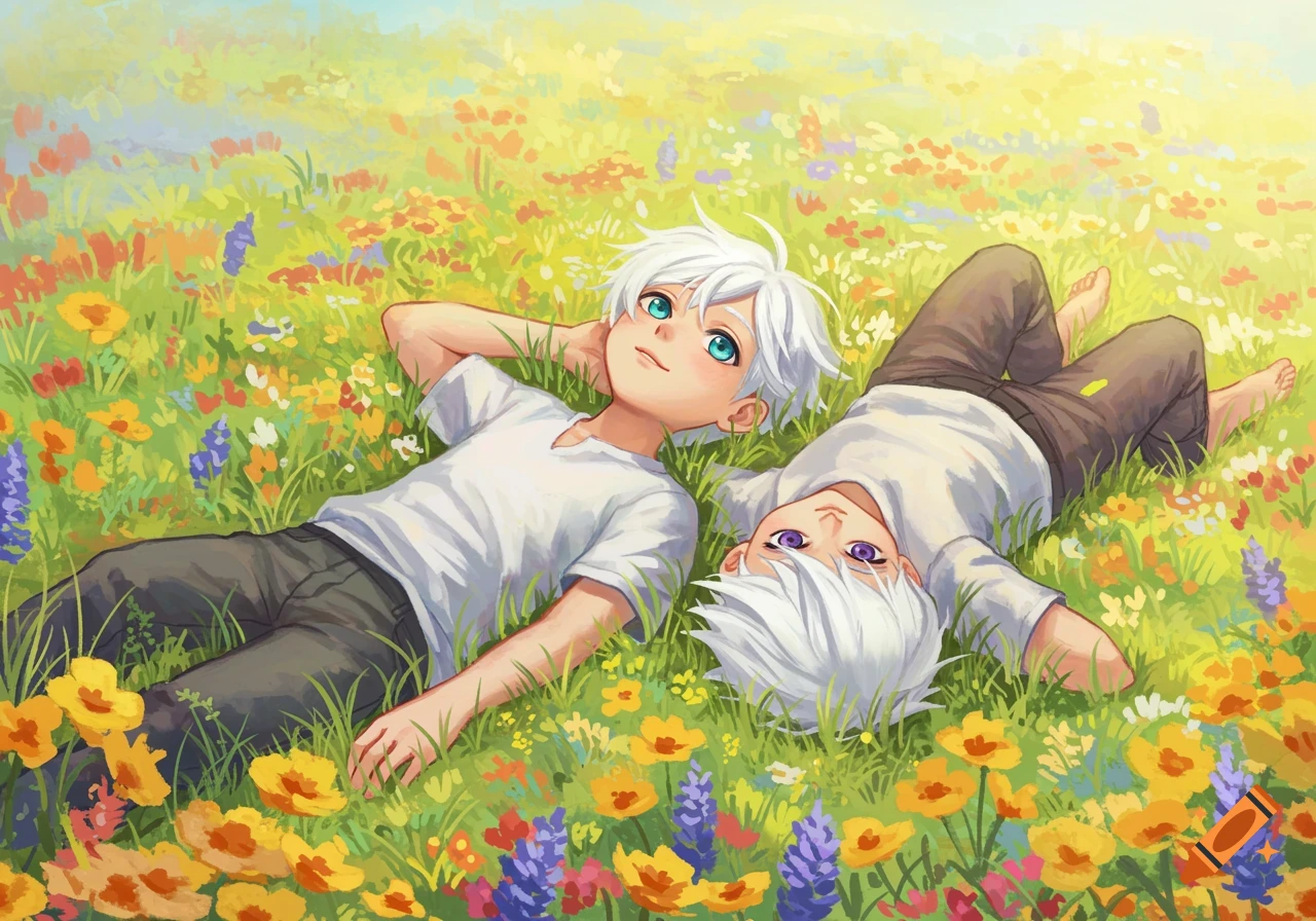 Twin boys with white hair lie in a field of colorful flowers looking up at the sky in an anime style.