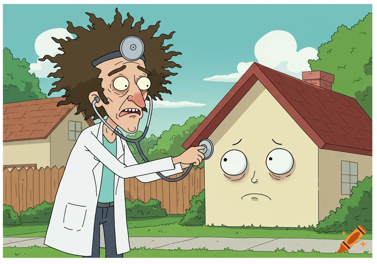 Cartoon doctor examines a worried house with a stethoscope in a suburban neighborhood.