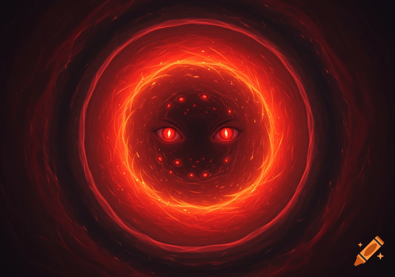 Multiple red eyes inside a fiery red and orange abstract portal.