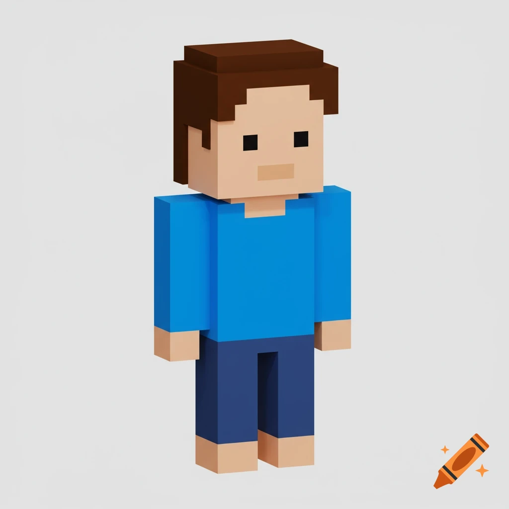 A full-body blocky voxel art person wearing a blue shirt and brown hair.