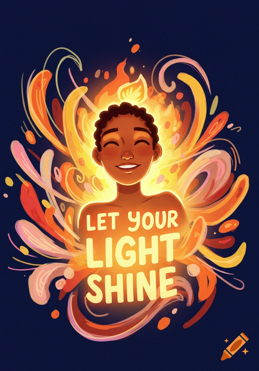 Illustration of a person glowing with light, with the text 'Let your light shine'.