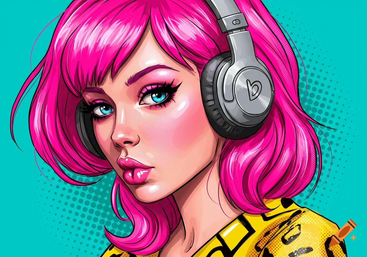 Pop art illustration of a girl with pink hair and headphones.