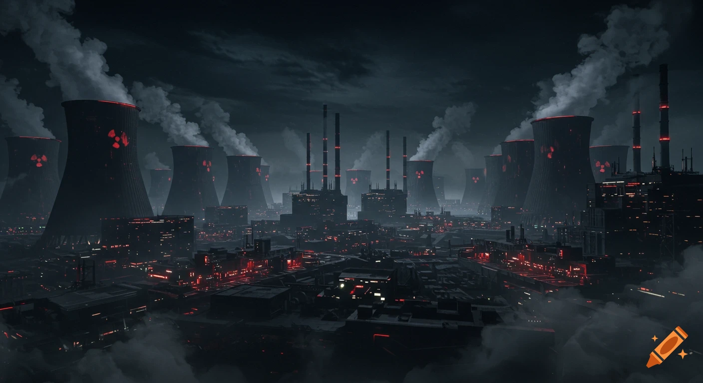 A dark, futuristic cityscape with many large, smoking nuclear cooling towers glowing red and industrial buildings under a cloudy sky.