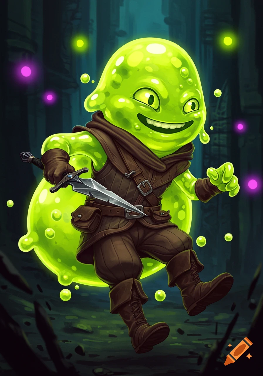 A green slime character dressed as a rogue with a dagger.