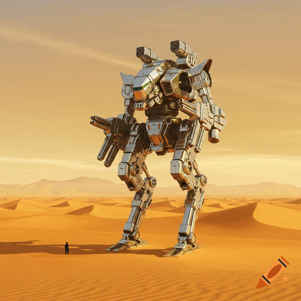 A large silver mecha stands in a vast orange desert with dunes, a small person nearby for scale.