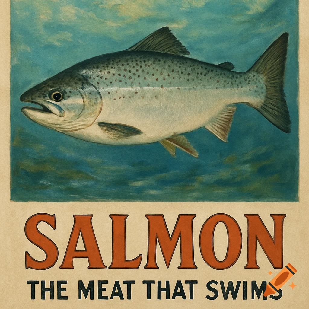 Illustration of a salmon with 'Salmon: The Meat That Swims' text below