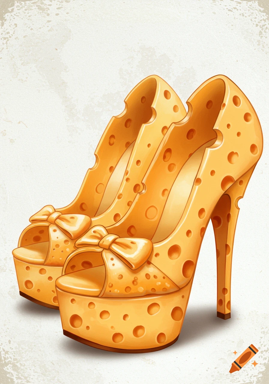 Illustration of high-heeled shoes made from swiss cheese.