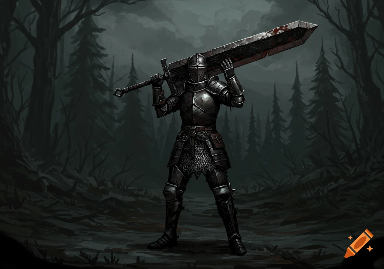 Dark illustration of a knight in armor holding a large sword in a forest