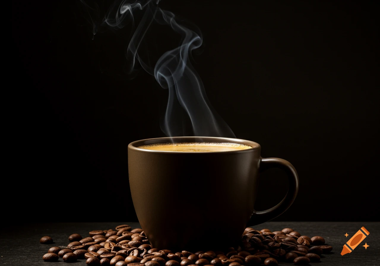A brown coffee cup sits on coffee beans with steam rising, against a dark background.