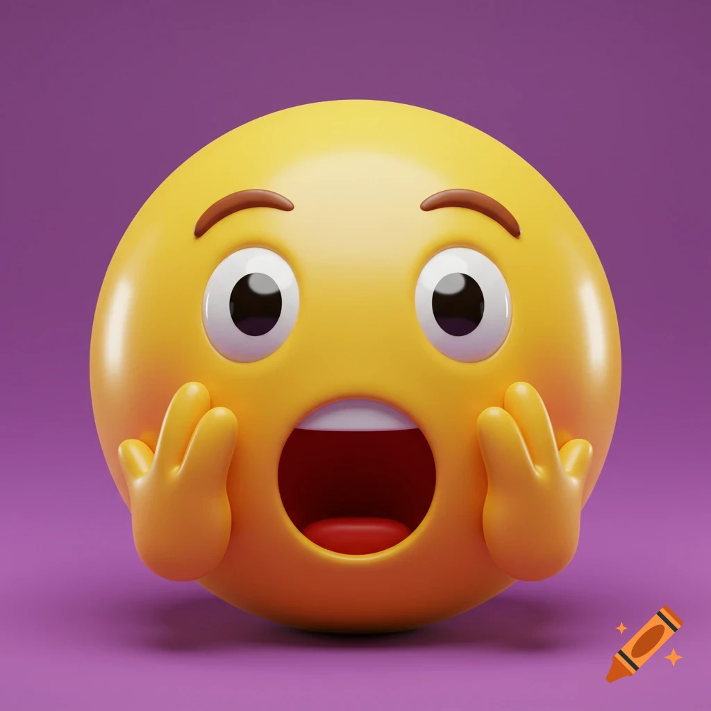 A shocked yellow emoji with wide eyes and hands on its cheeks, rendered in 3D on a purple background.