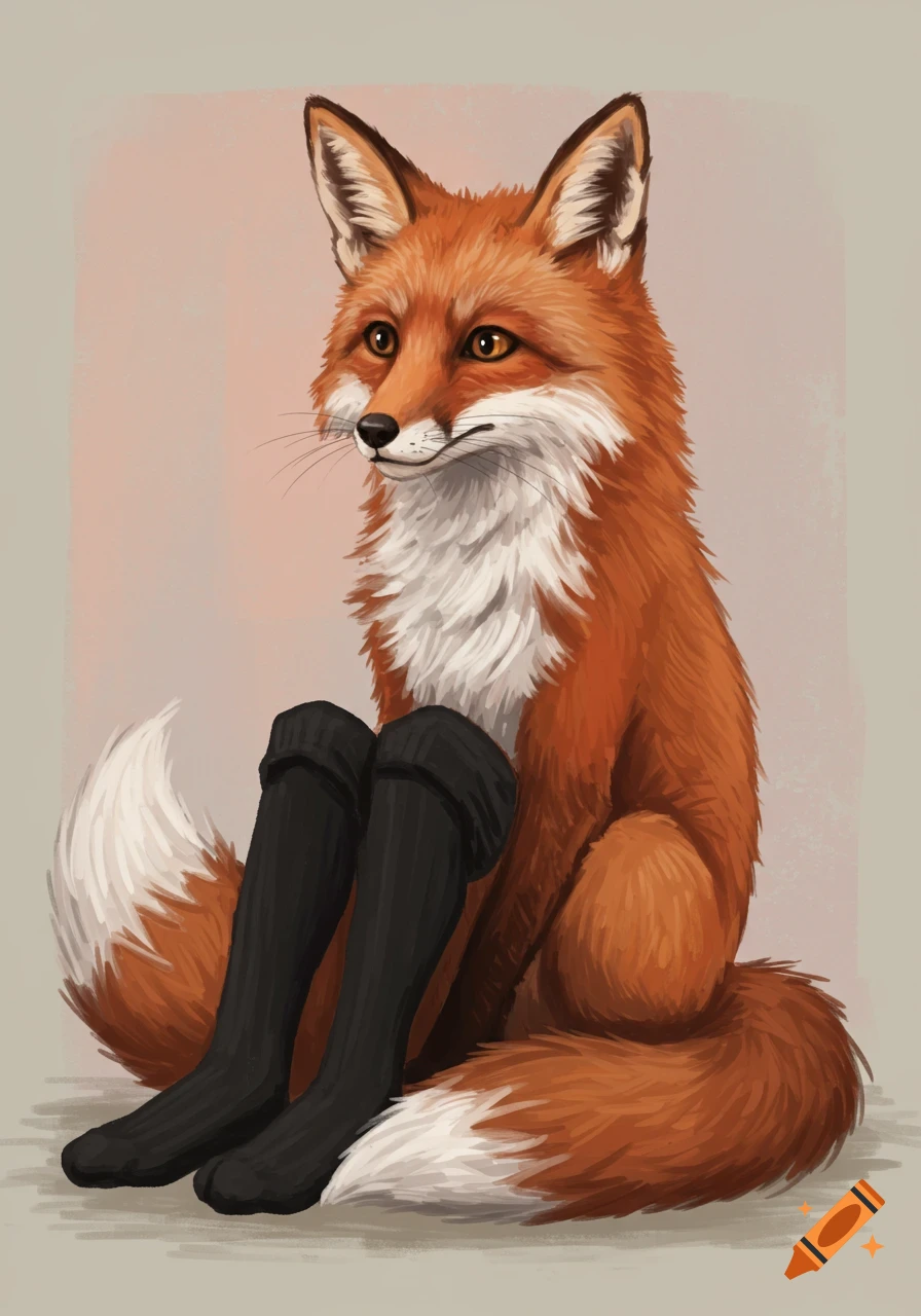 An anthropomorphic fox wearing black socks, rendered in a painterly style.
