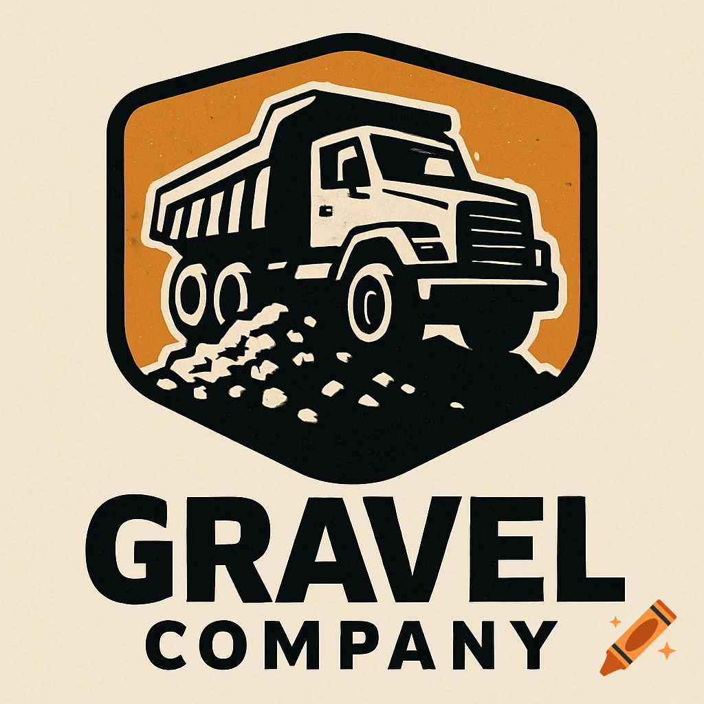 Graphic logo with a dump truck spilling gravel inside an orange shield, with 'GRAVEL COMPANY' text below.