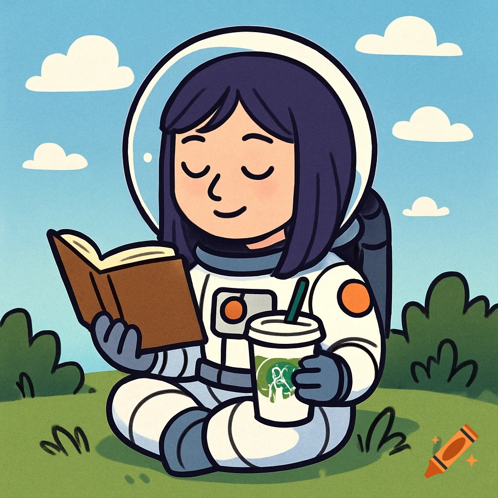 Cartoon astronaut sits reading a book and drinking coffee outdoors.