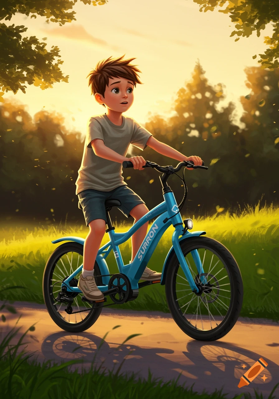 Illustration of a boy riding a blue bike on a path at sunset