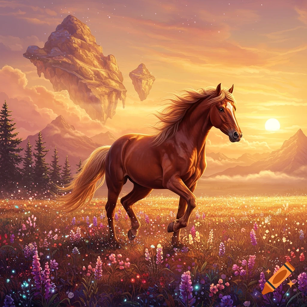 A brown horse in a field of wildflowers at sunset with floating islands.