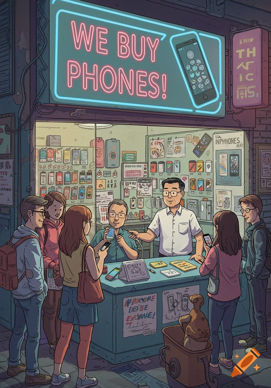 Illustration of people buying and selling phones at a small shop.