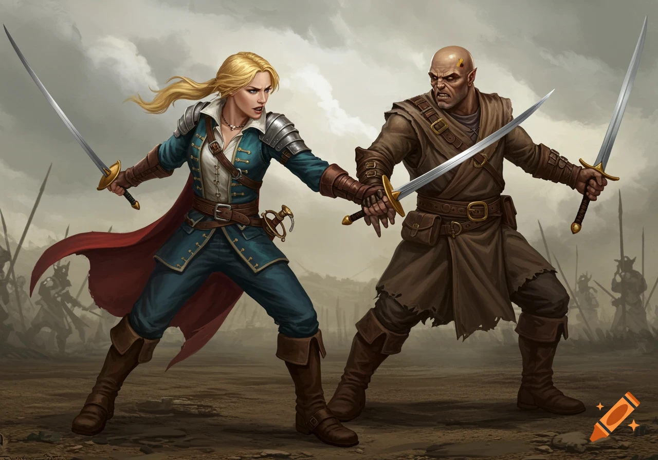 A blonde woman and a bald, pointed-eared warrior fight with swords on a battlefield.