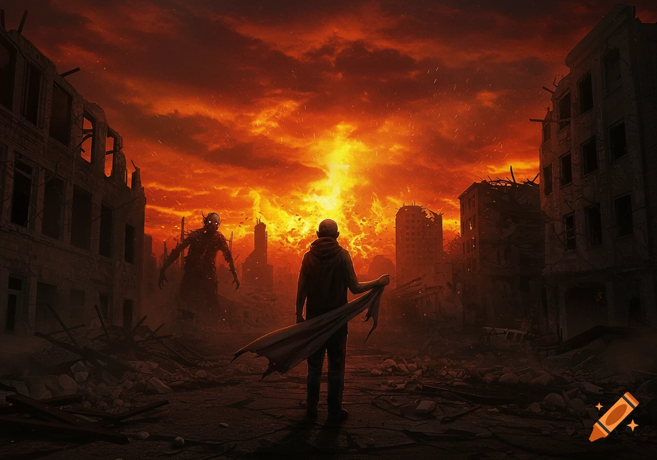 Figure faces a monster in a ruined city under a fiery apocalyptic sky.
