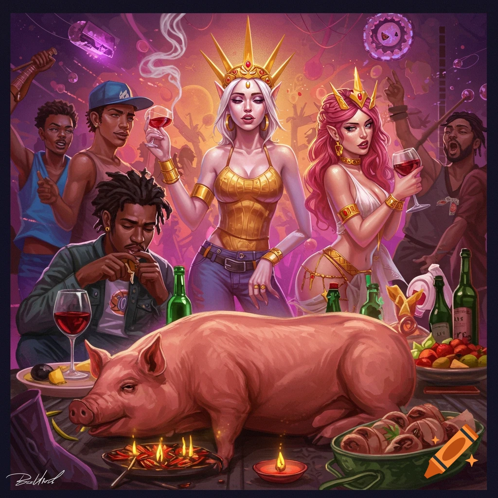 Fantasy party with goddesses and people, featuring a pig roast and drinks, vibrant illustration