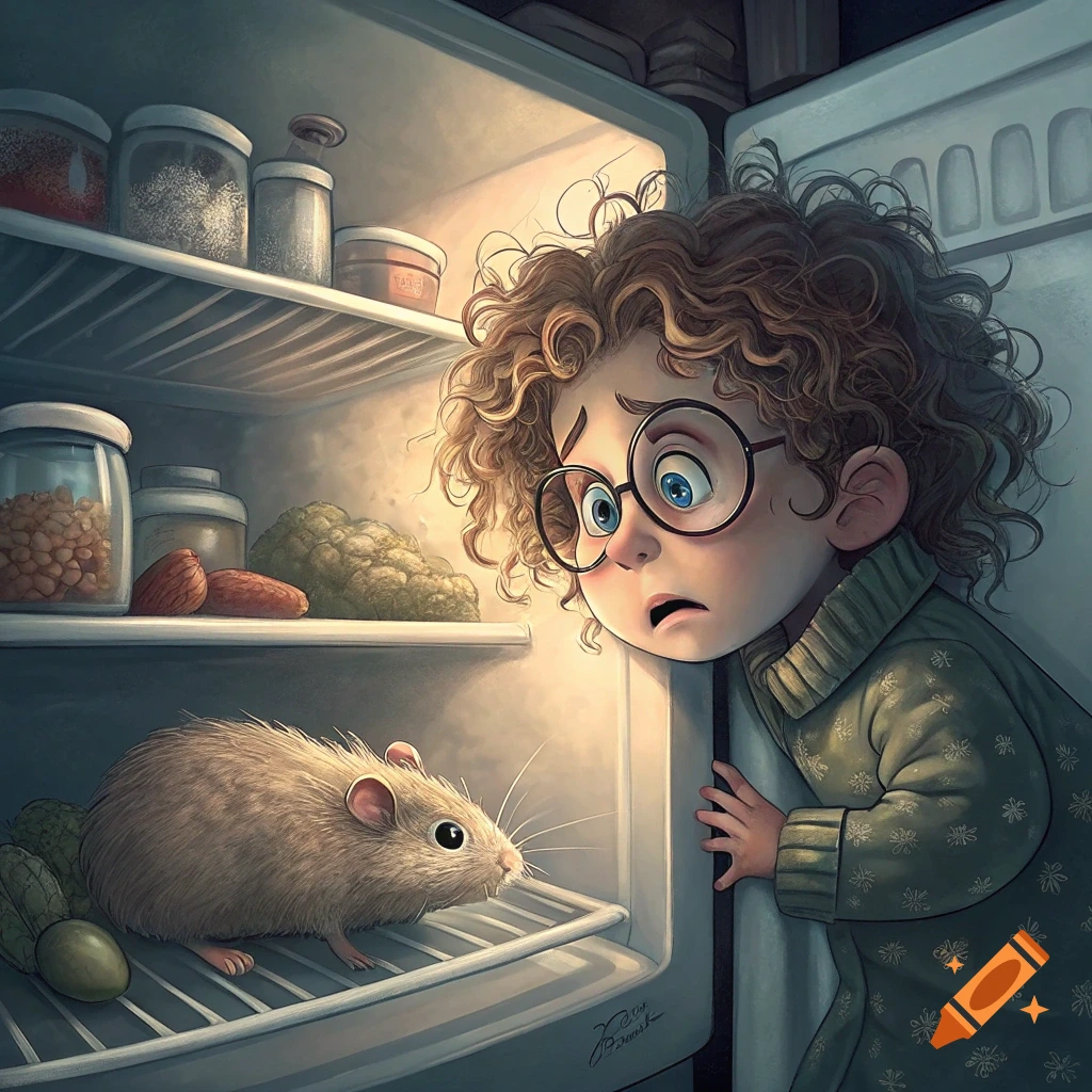 Illustration of a scared child looking into a fridge at a large rat.