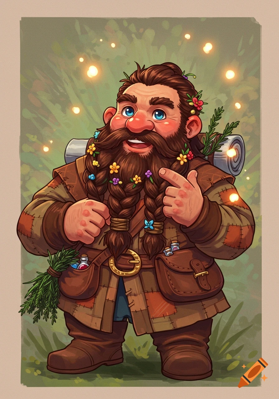 Whimsical fantasy dwarf character with a floral beard, backpack, and pouch, surrounded by fireflies.