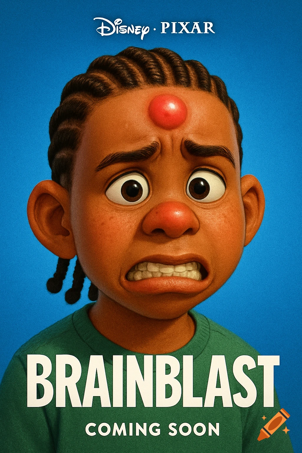 Cartoon movie poster of a child with a big red bump on their head, titled BRAINBLAST