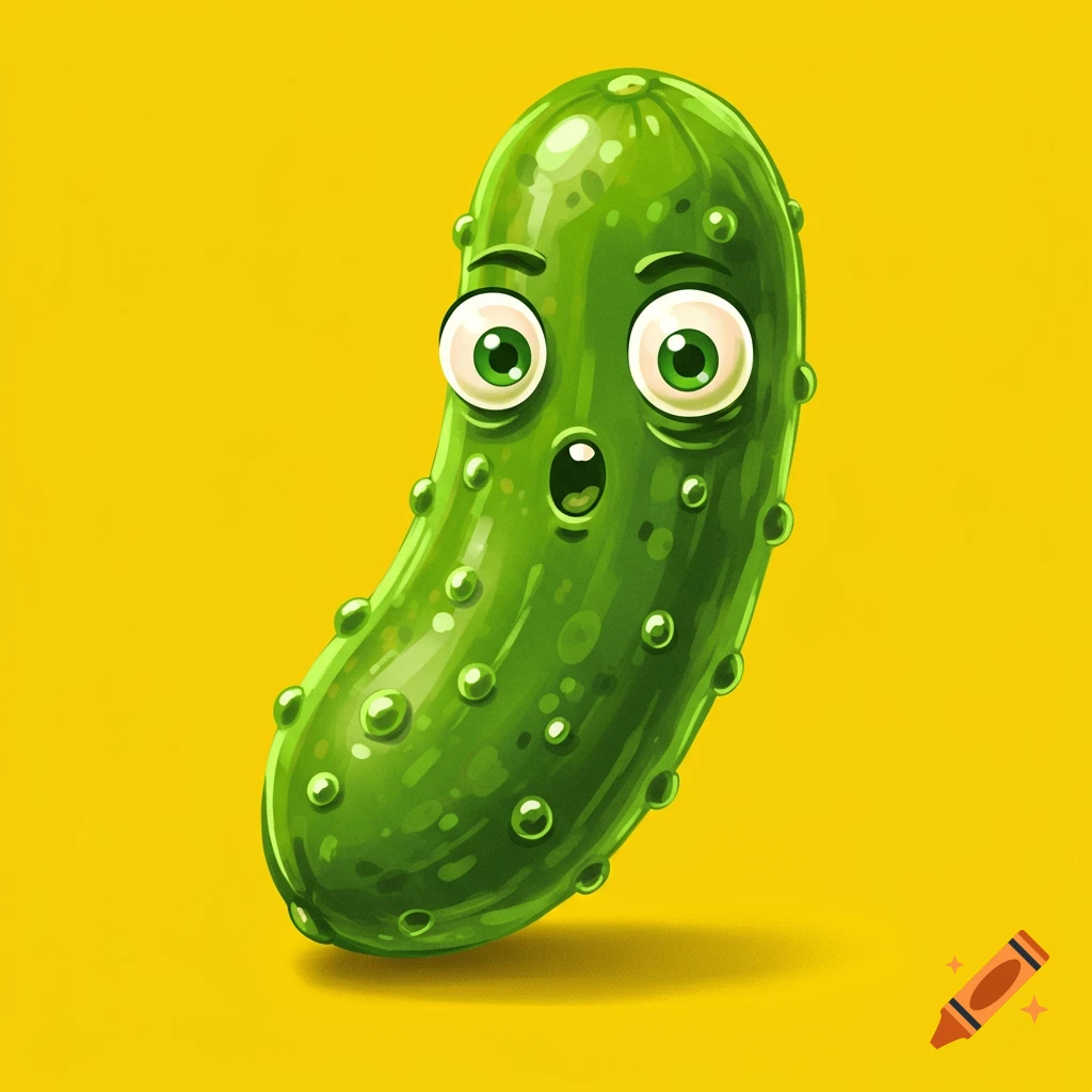 A cartoon green pickle with large surprised eyes on a yellow background.