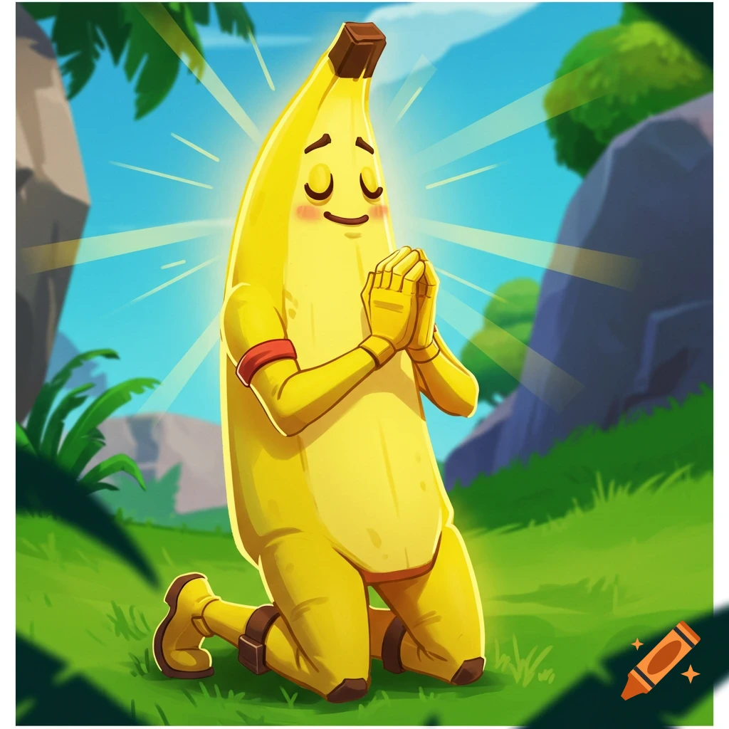 Fortnite character Peely kneels and prays in a jungle setting.