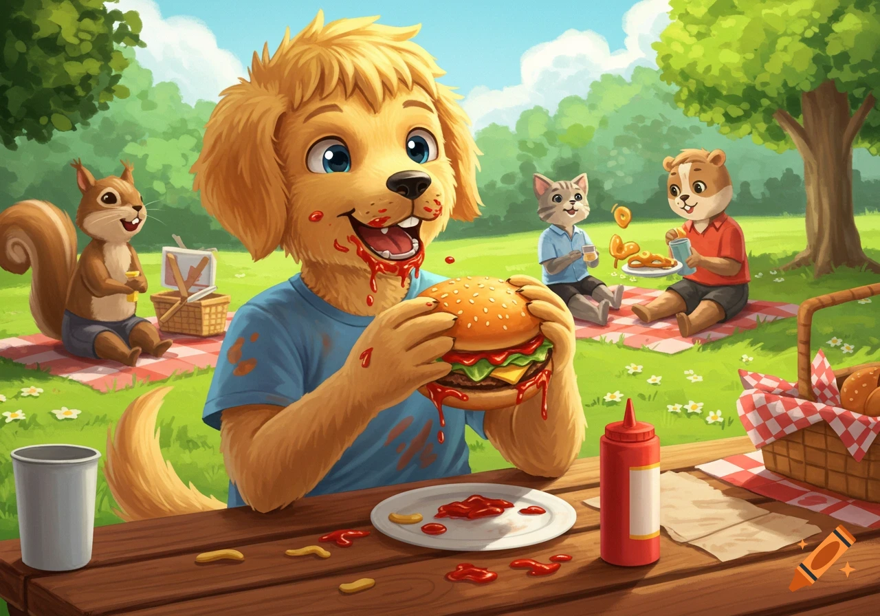 Anthropomorphic golden retriever boy eats a messy burger at a park picnic table with other animals.