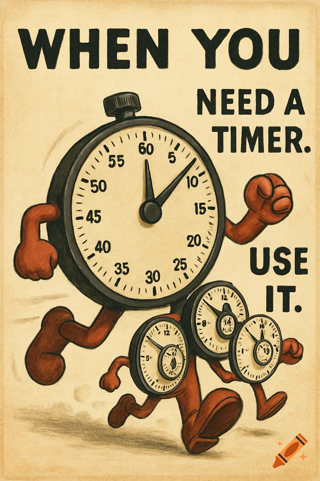 Cartoon illustration of a running stopwatch character and smaller stopwatches, with the text 'WHEN YOU NEED A TIMER. USE IT.'