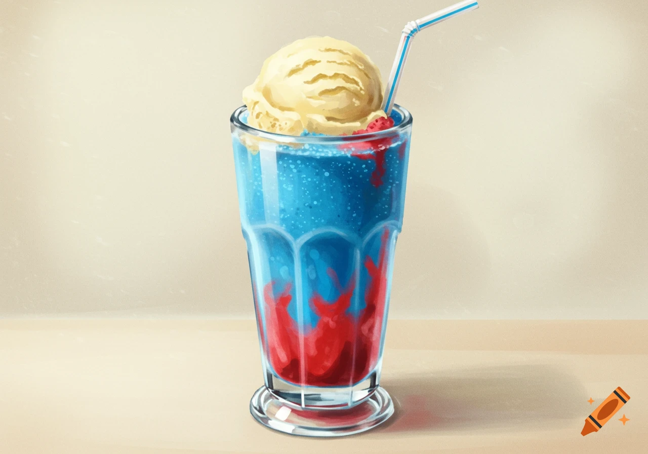Digitally painted blue and red milkshake with a scoop of ice cream and straw in a glass.