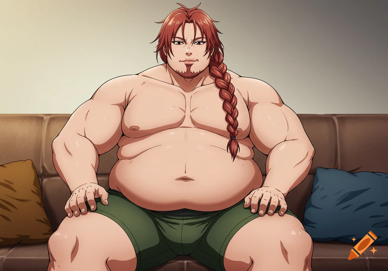 Anime illustration of a large, muscular, and obese man with red braided hair sitting on a couch.
