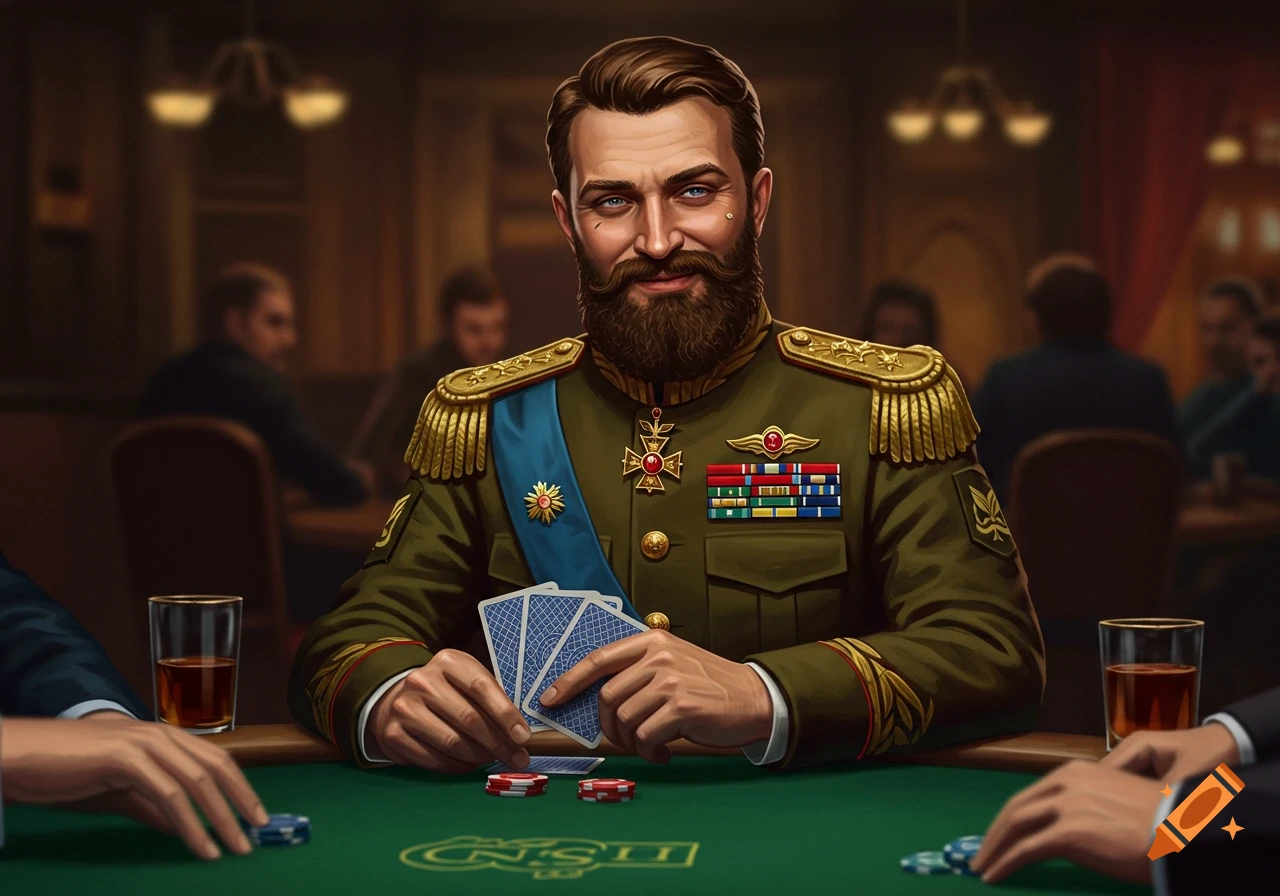Bearded man in military uniform playing poker at a table.