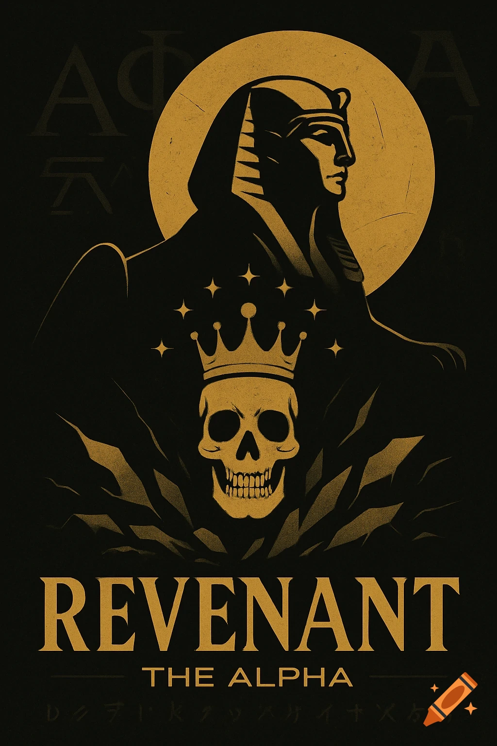 Graphic design featuring a gold sphinx, a crowned skull with stars, and text on a dark background