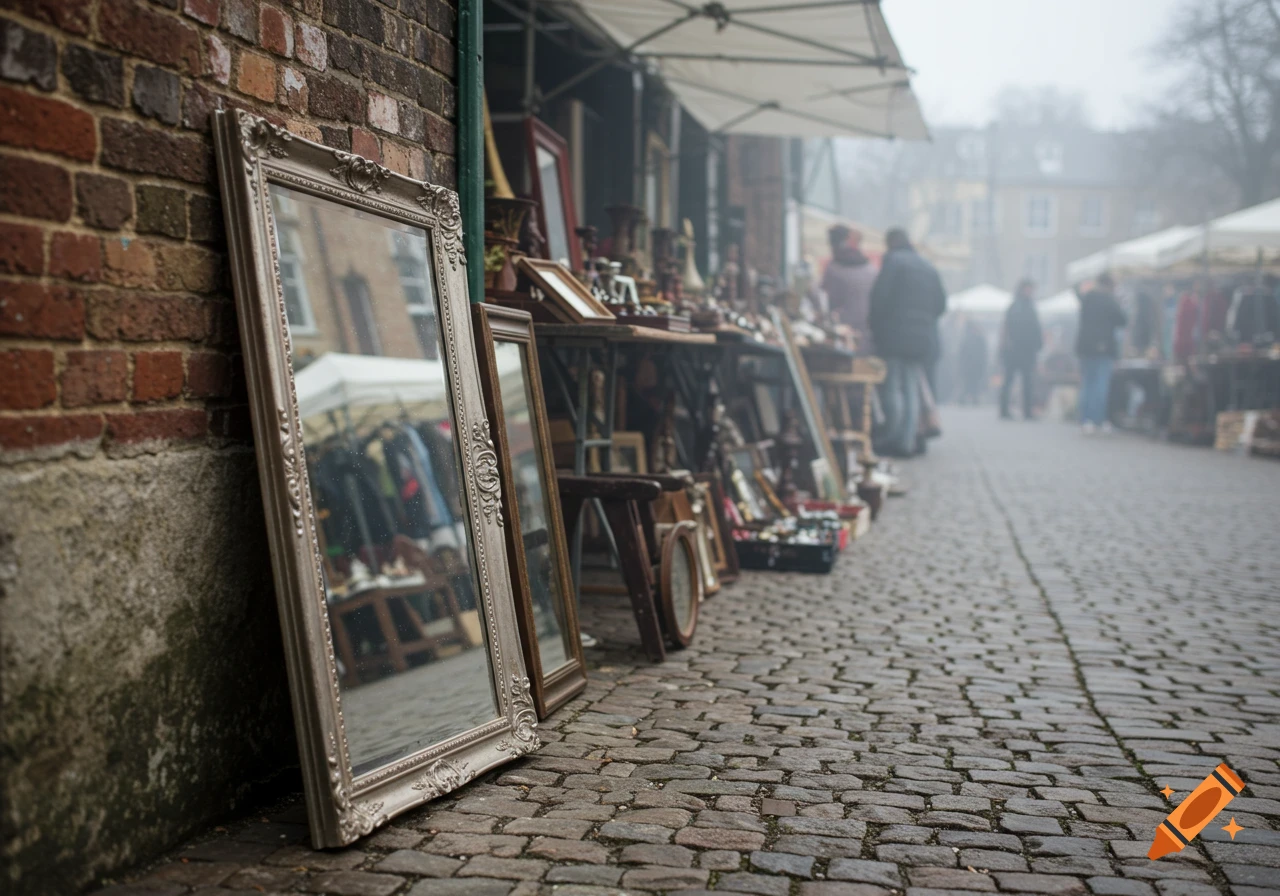 Vintage ornate mirror leaning against a brick wall at a foggy flea market