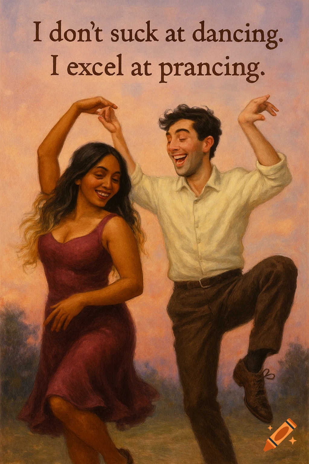 Illustration of a joyful man and woman dancing outdoors at sunset, with text overlay.