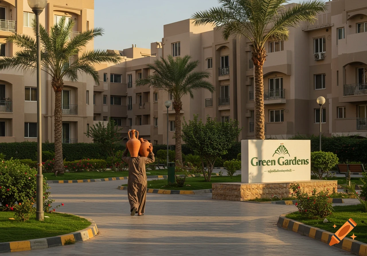 Person carrying pots on head walks through a residential compound with gardens, palm trees, and a sign saying 'Green Gardens'.