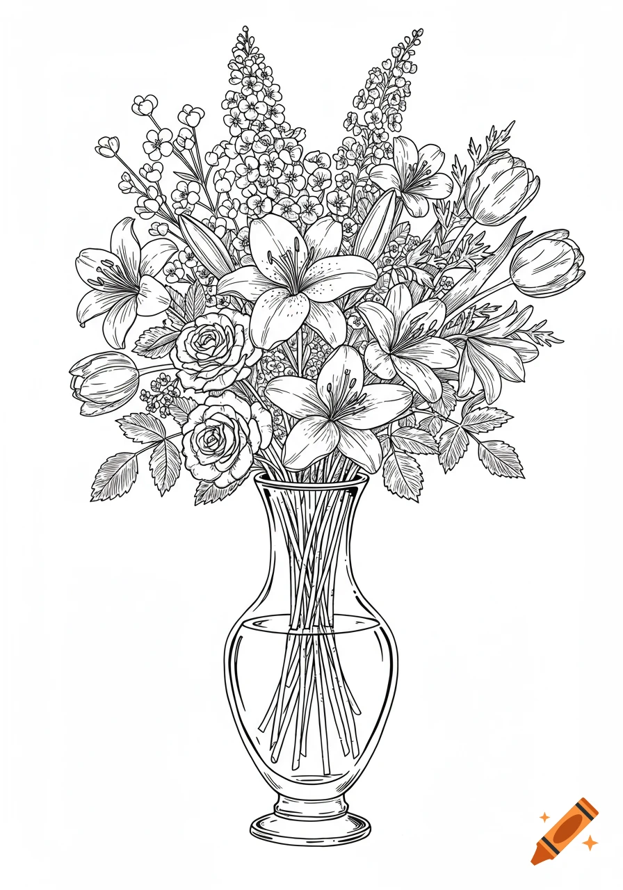 Black and white line drawing of a bouquet of flowers in a glass vase.