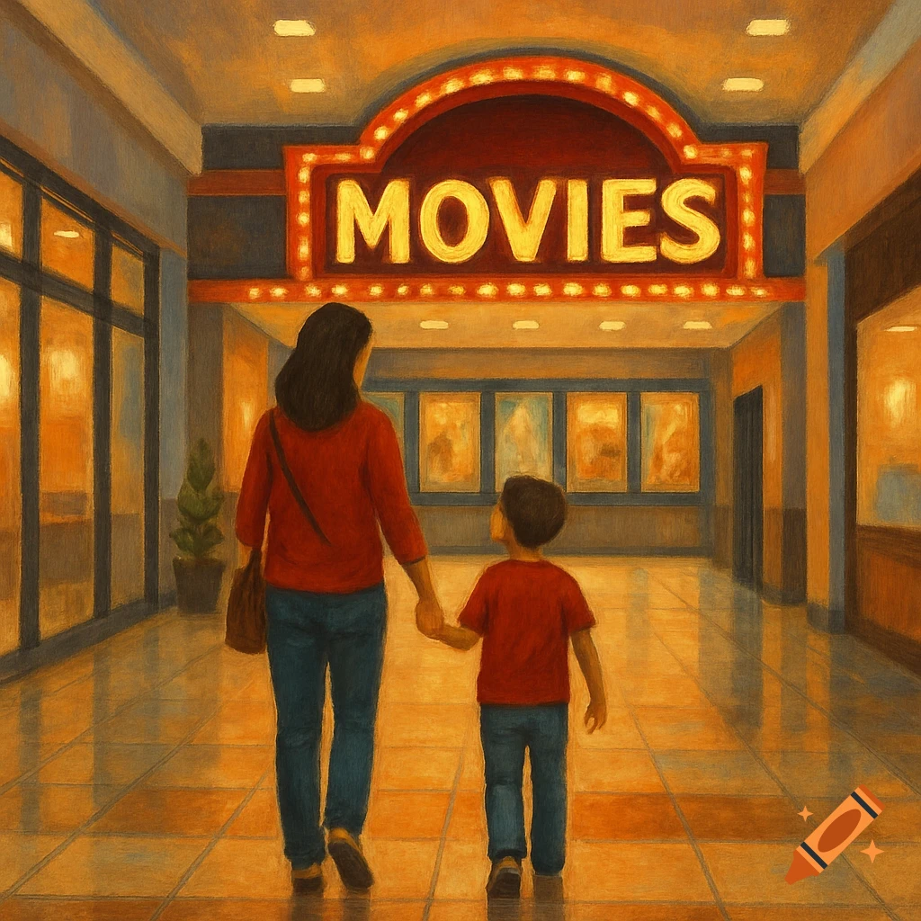 A woman and child walk toward a bright 'MOVIES' sign in a mall hallway, painted style.