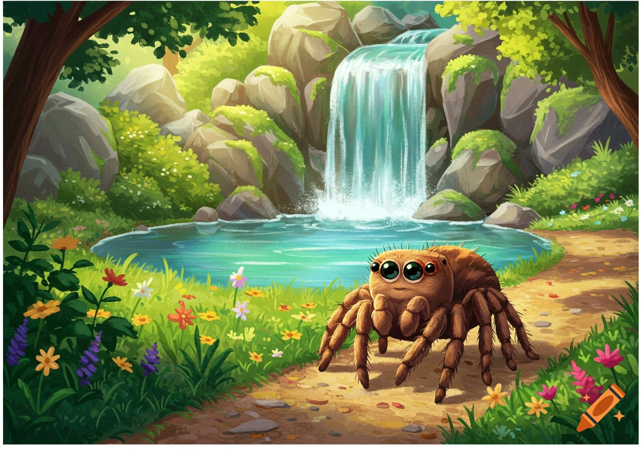 A cute cartoon spider walks on a path in a bright park with a waterfall and flowers, in an illustration style.