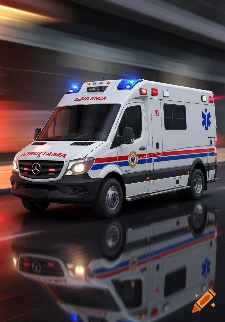 White ambulance with red and blue stripes and flashing lights driving at night