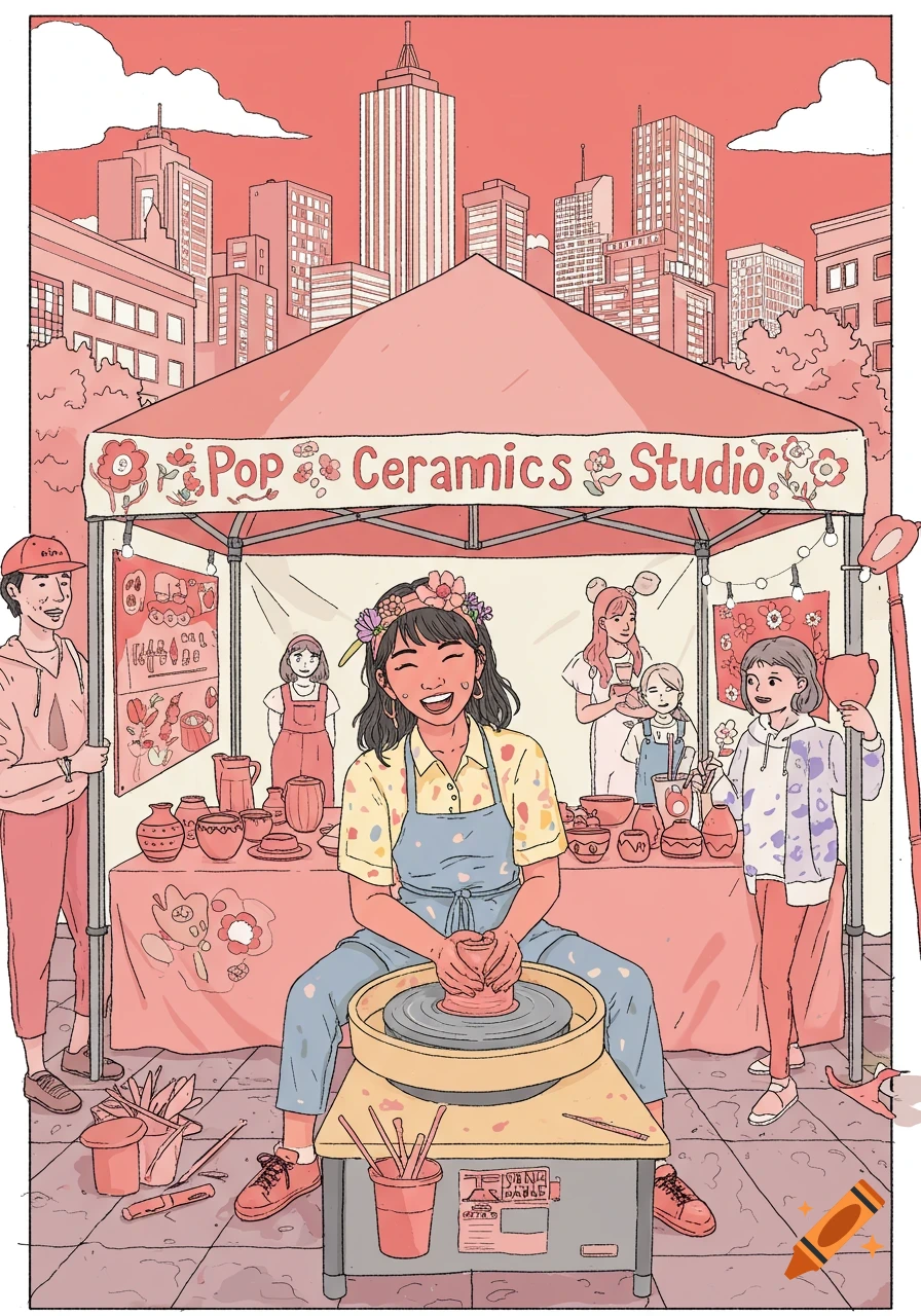An illustration of a busy pop-up ceramics studio in a city street, with a woman throwing pottery on a wheel.